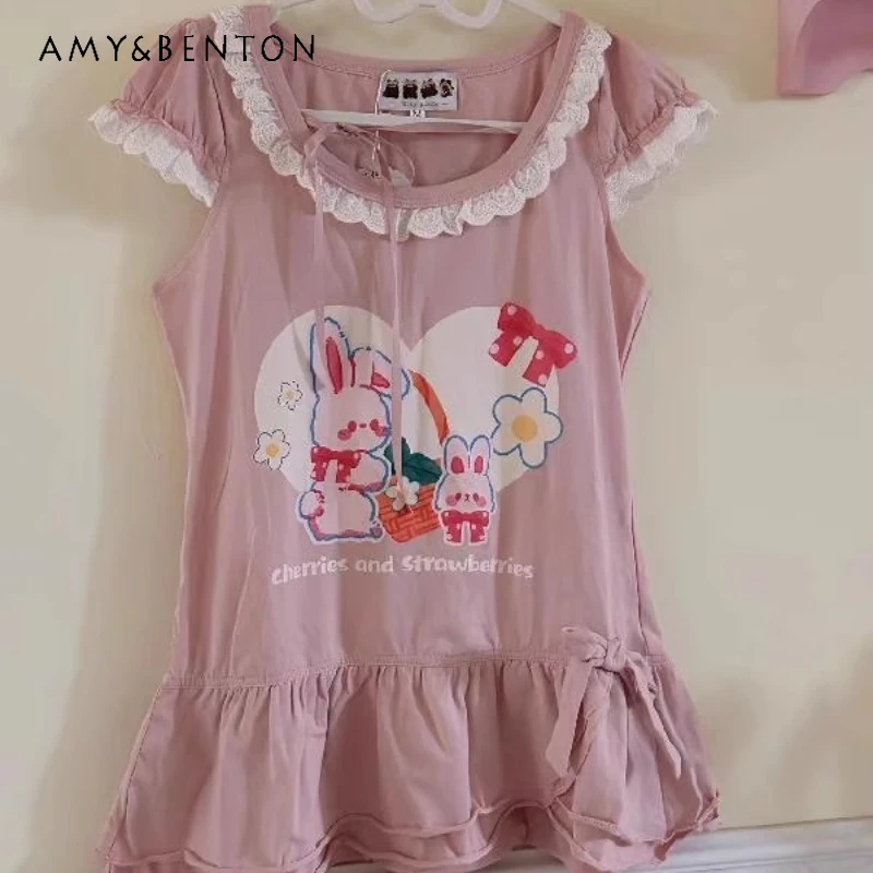 

2025 New Japanese Subculture Y2k Two-dimensional Printing Summer Niche Thin Lace Top Trendy Short-sleeved T-shirt For Women