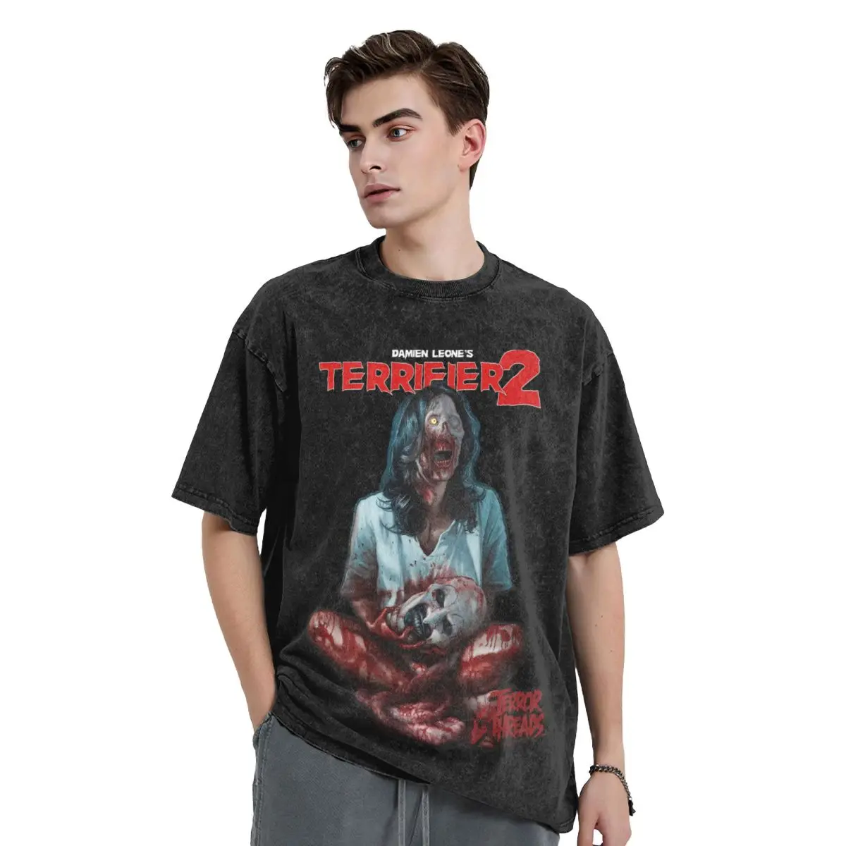 Oversized Washed T-Shirt Terrifier Horror Movie Halloween Cotton T-Shirts Fashion Tshirt for Mens Beach Awesome Print Tees