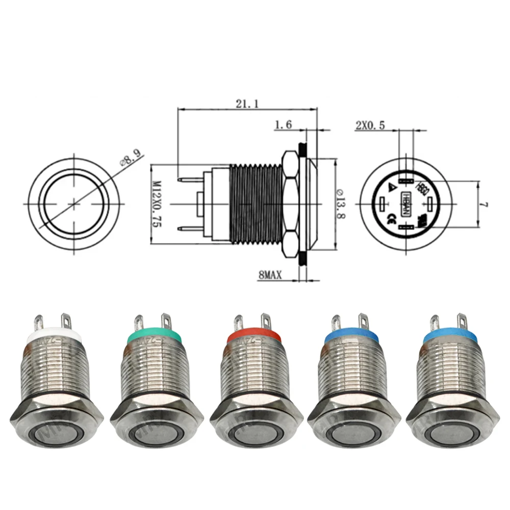 12mm 6V 12V 24V Red Blue Green Waterproof Metal  LED Light Momentary Latching Car Engine Power Integrated circuit 12V 24V
