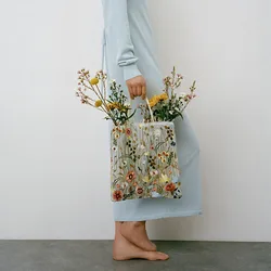 Summer Antique Style Embroidery Flowers Shoulder Bag Literary Art Mesh Lace Tote Bag Romantic Handbag Women's Eco Shopping Bag