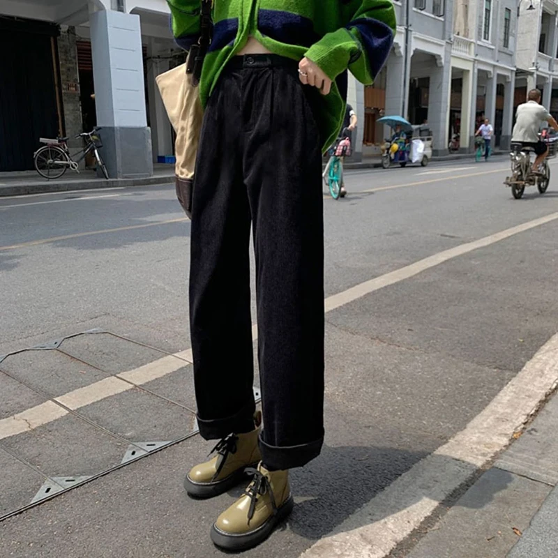 Vintage Corduroy Pants High Waist Spring coffee Straight Trousers Causal Pockets All Match Female Black Korean Pants