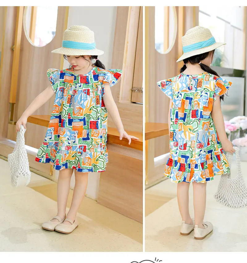 Girl Dresses100% Cotton Children\'s Clothing Summer Kids Clothes Girls Party Princess Fashion Outfit Flower Pattern Beach Dresses