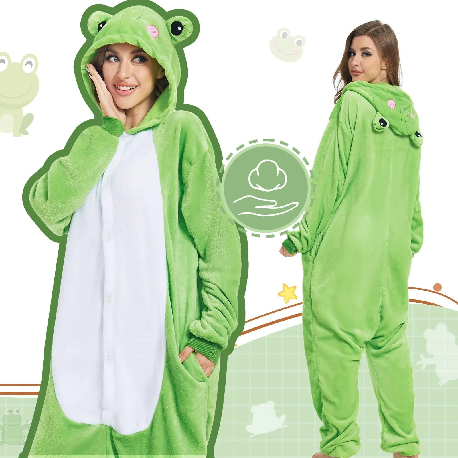 Men Women Cute Caroon Animal Flannel Hooded Onesises Funny Full Body Jumpsuit Pajamas Sleepwear Kigurumi Green Cosplay Bodysuit