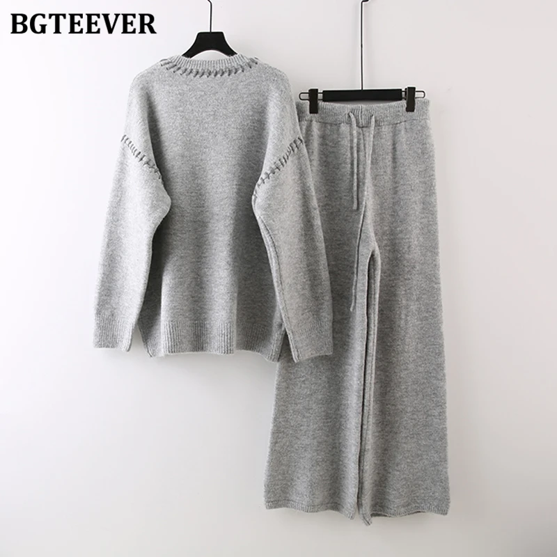 BGTEEVER Autumn Winter Warm Women Sweater Set O-neck Pullovers & Knitted Trousers Ladies 2 Pieces Set