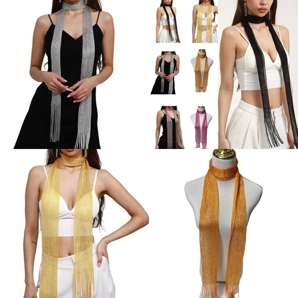 

39BD Shinning Sheer Scarf for Female Proms Party Lightweight Lace Tassels Scarf for Female Wedding Travel Decorative Scarf