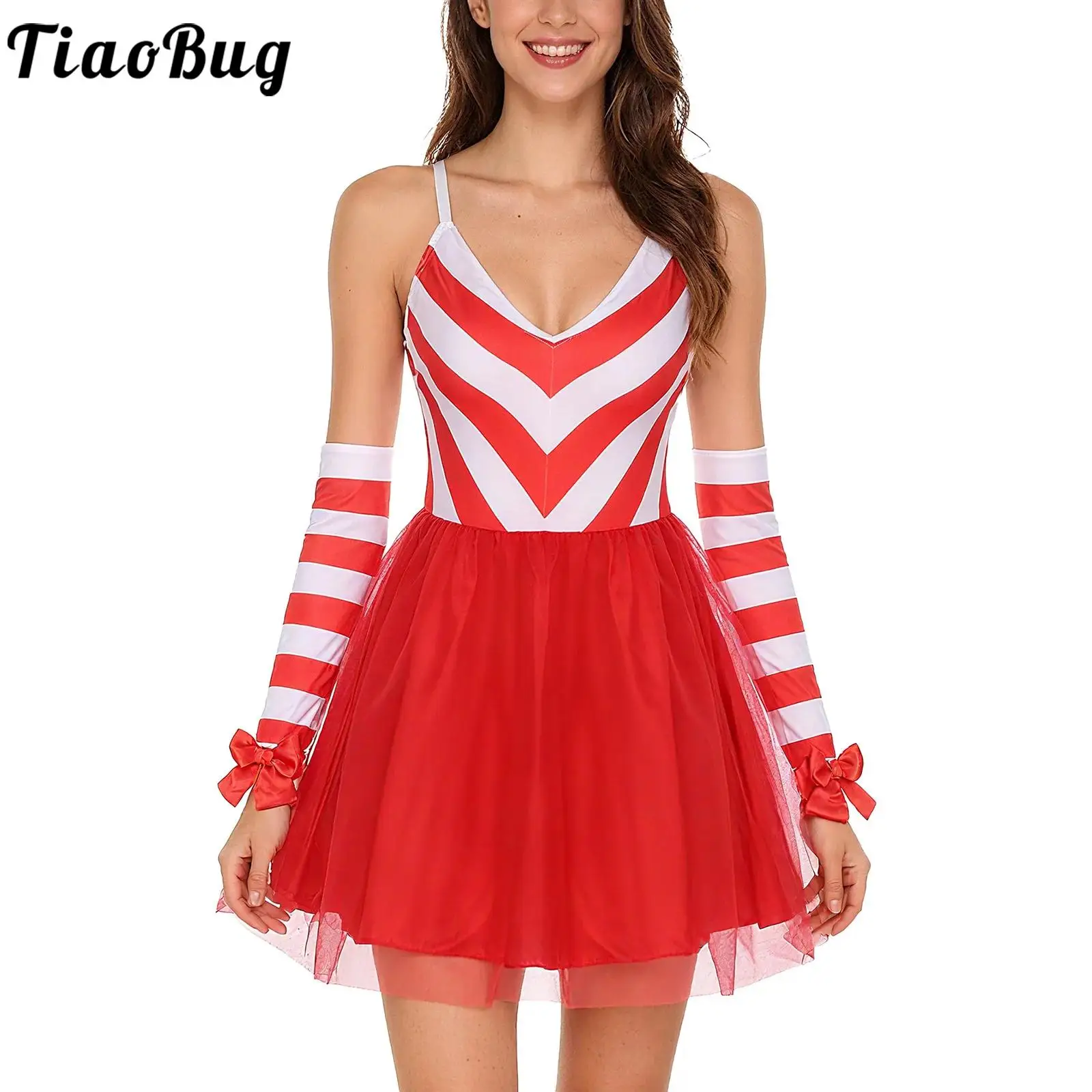 

Women Christmas Candy Cane Dresses Outfits Leotards Skating Ballet Dance Wear Striped Bodice Sleeveless Tulle Dress with Gloves