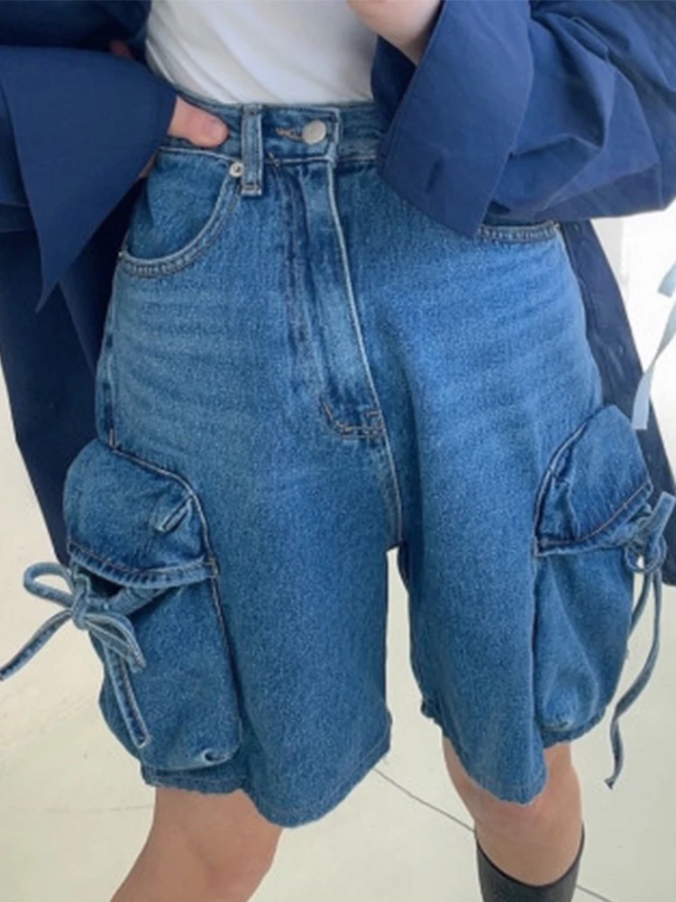 

Women's retro design with ins style, high waisted bow, three-dimensional pocket, lace up workwear, denim shorts, Y2K