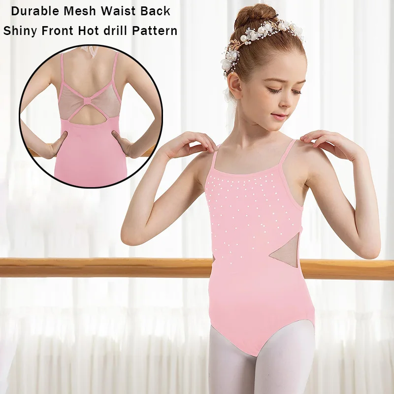 

Girls Ballet Camisole Leotard for girl Gymnastic Dance Soft Chest Lining with Mesh Waist Back and Shiny Front Hot drill Pattern