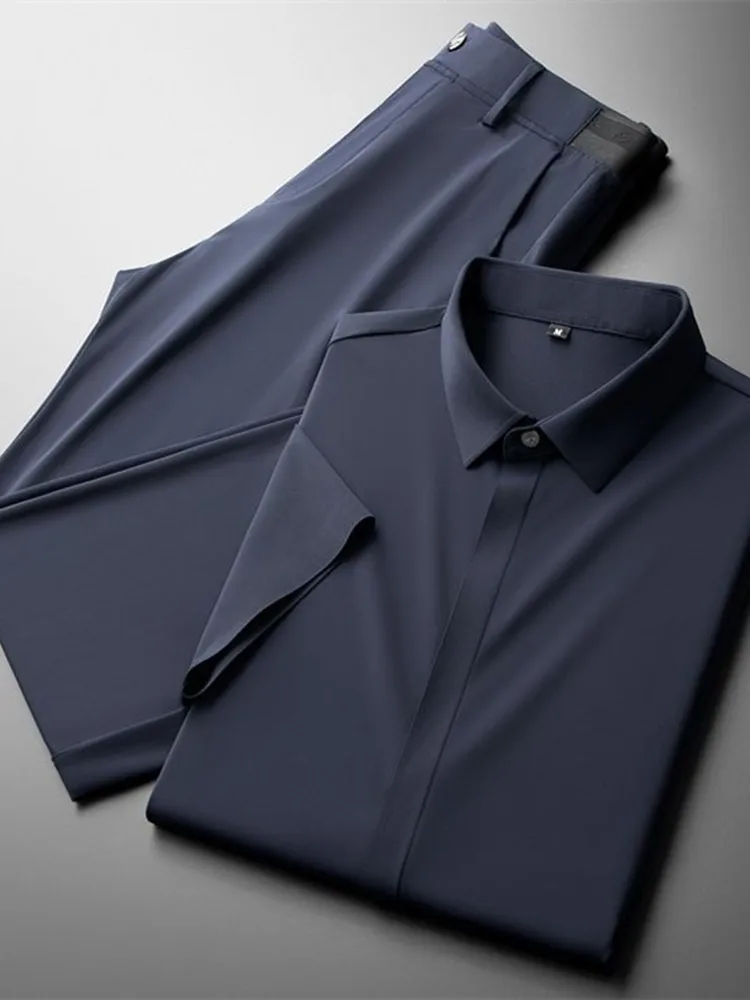 Summer Fashion Solid Color Ice Silk Breathable Short-Sleeved Shirt Set Men's Loose Sports Large Size High Quality Two-Piece Set