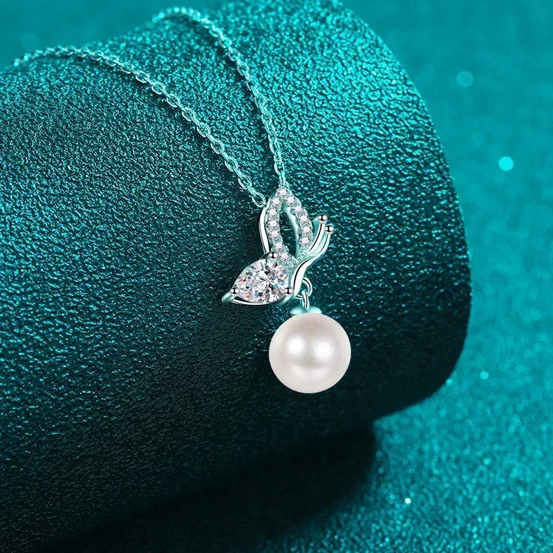 Sweet 8mm Freshwater Pearl PT950 Platinum Necklaces, Elegant 0.56ct Moissanite Diamond Butterfly Pendant for Women Girl Jewelry