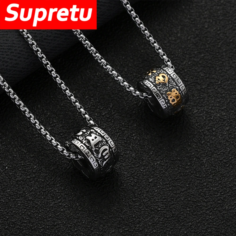 Vintage Six-character Mantra Necklace Men Trend Stainless Steel Sanskrit Buddhist Pendant Charm Classic Accessories Jewelry Gift