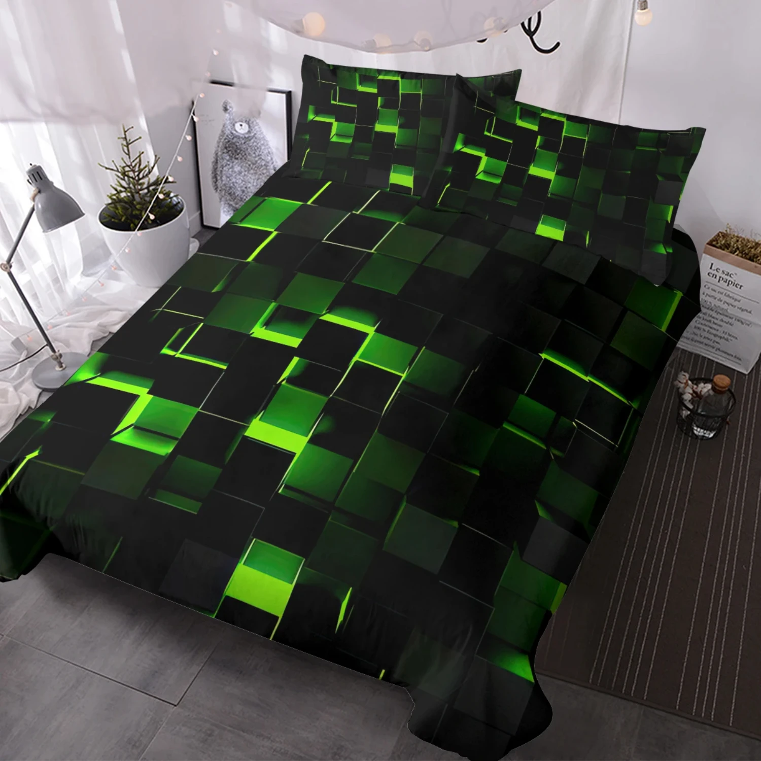 Green Black Abstract Geometric Style Digital Dimensional Square Shaped Cubes Comforter Cover Set - 3 PCS Bedding Set