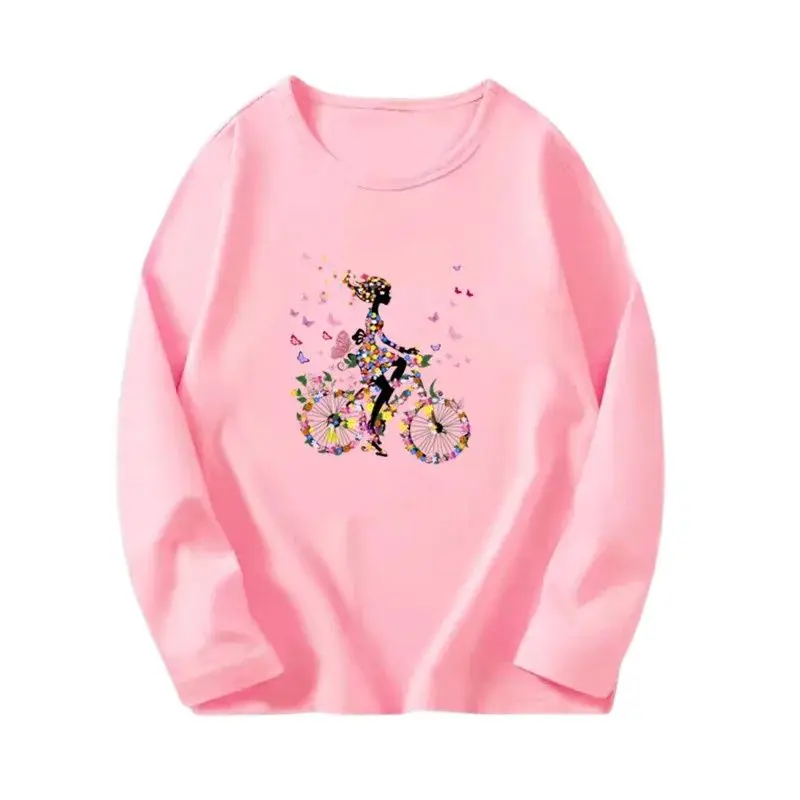 3~14Y Girl Pink Sweet T-Shirts Girl\'s Autumn Long Sleeve T-Shirts Kids Tee Tops Cute Bicycle Graphic T-shirts