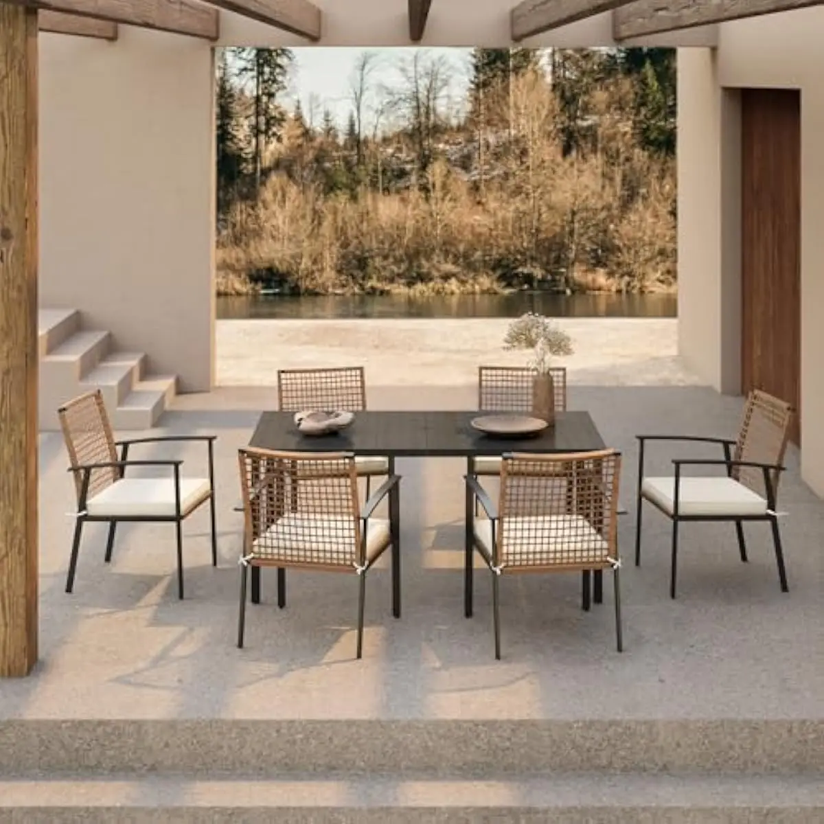 7-Piece Outdoor Dining Ensemble Featuring 6 Rattan Chairs with Thick Water-Resistant Cushions Plus Oversized Textured Table with