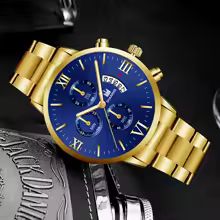 Mens Fashion Quartz Watch, Stainless Steel Band, Three-Eye Design, Calendar Function