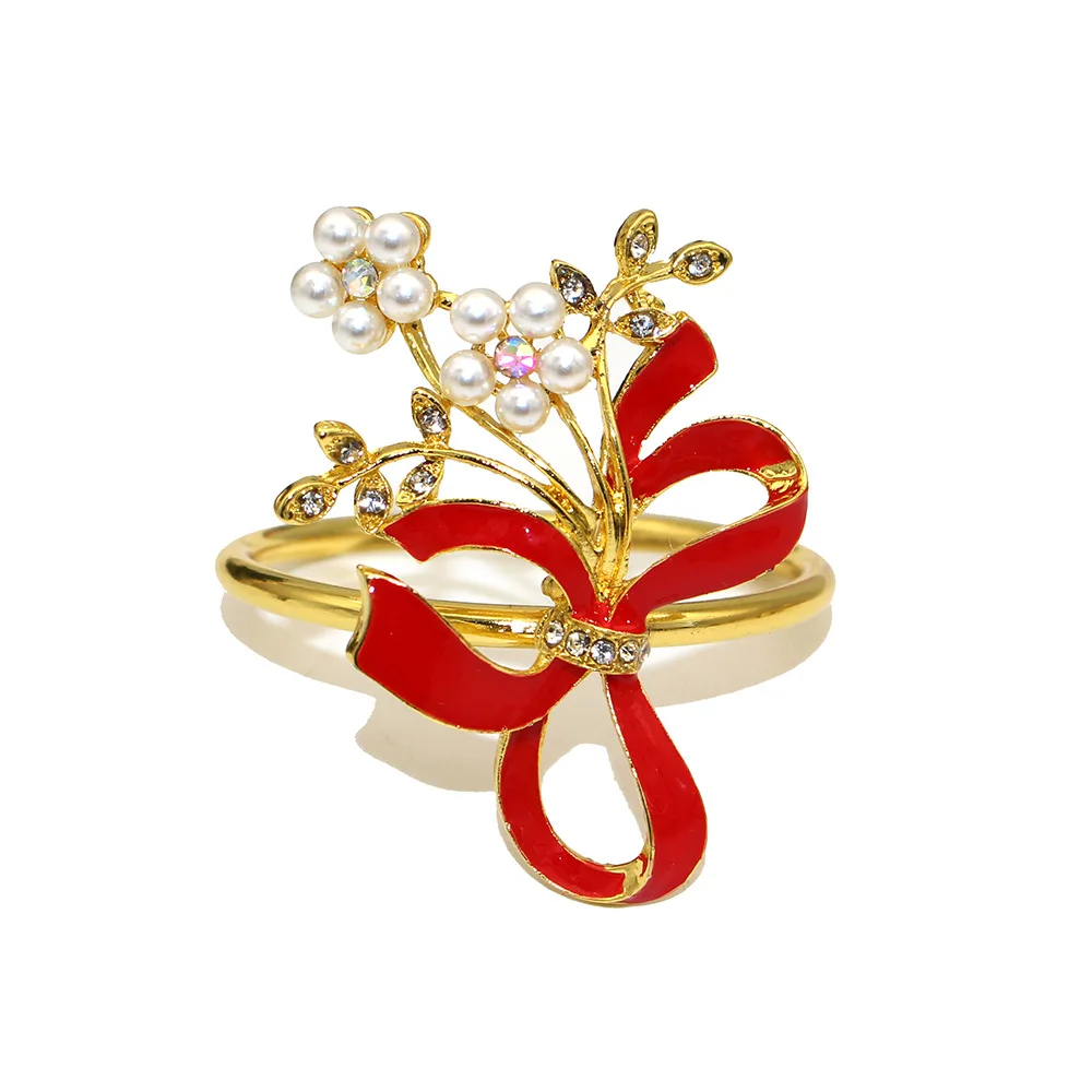 2-60PCS Christmas napkin circle red bow napkin ring pearl napkin button alloy table decoration supplies