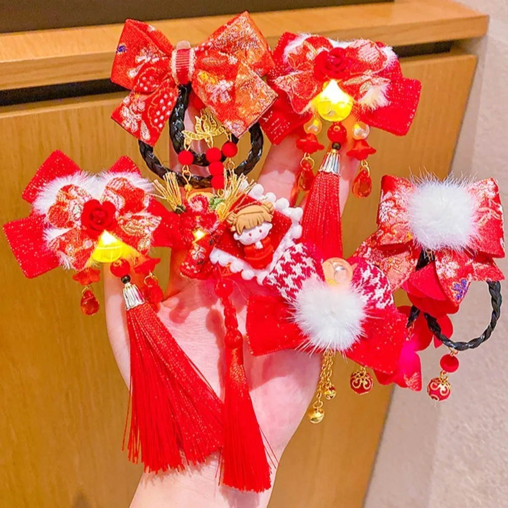 

Cosplay Ancient Style Children's New Year Hairpin Bow Red Luminous Hair Clips Ribbon Tassels Cute Girls Hanfu Headwear Kids