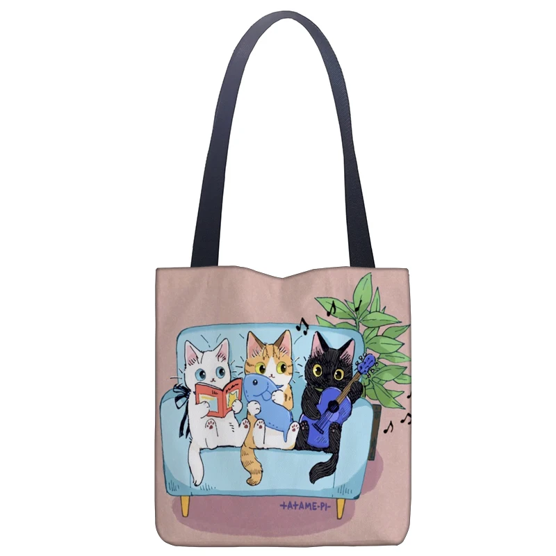 Linen Bags Handbag For Women Shopper Cute Cat Flowers Tote Bag Fashion Style Cartoon Small Shoulder 40x40cm Eco Traveling Pouch