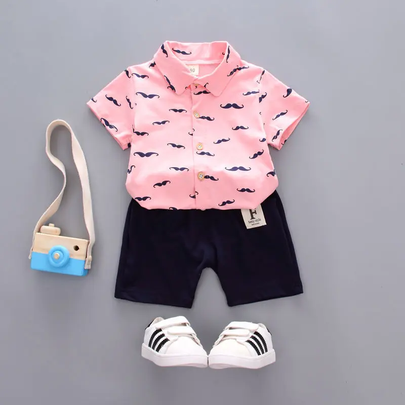 Boys Short Sleeved Set Summer Children's Korean Cardigan Beard Print Shirt+Black Pants 2PCS Set Baby Cool Clothes Infant  Outfit