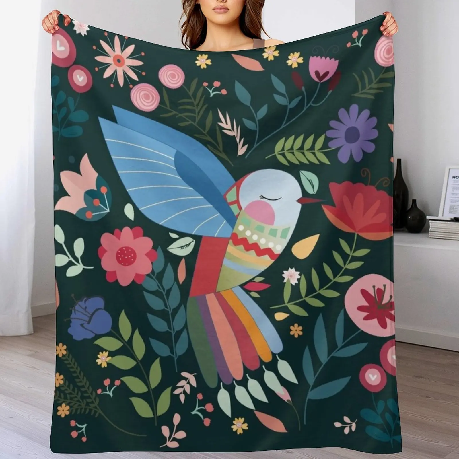 Folk Art Inspired Hummingbird With A Flurry Of Flowers Throw Blanket Hair Single Flannel Fabric Luxury Brand Blankets