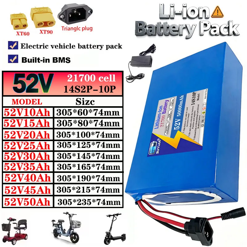 New 21700 Lithium Battery Pack, 10Ah /15Ah /20Ah /25Ah /35Ah /40Ah /45Ah /50Ah 52V, High Power 0-2000W Motor with BMS