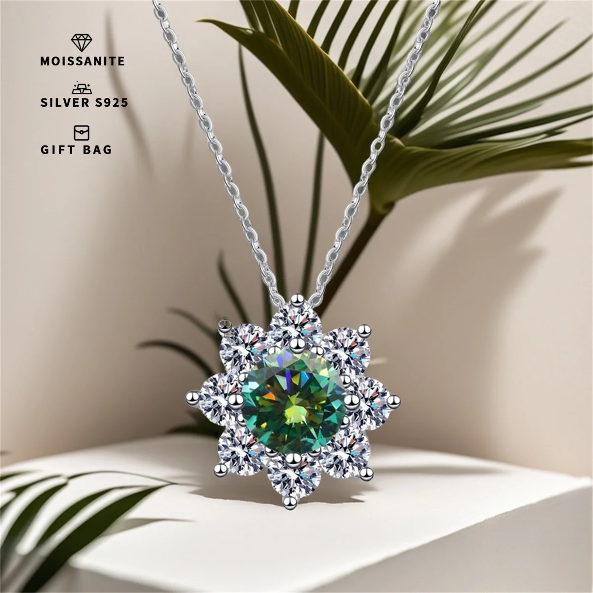 

Серебро S925, платиновое покрытие, инкрустированное D-зеленым кулоном с подсолнухом GRA из муассанита, красивое женское ожерелье-цепочка на ключицу