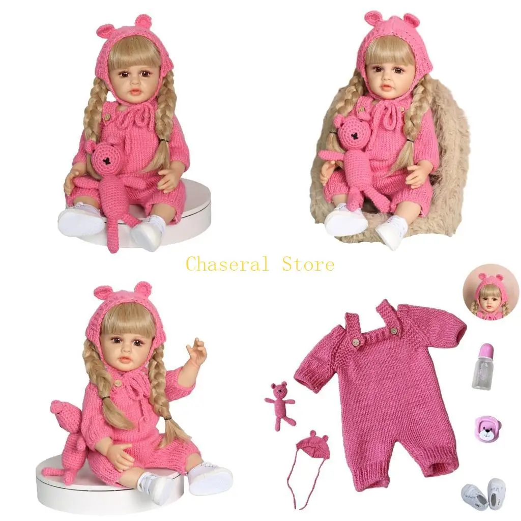 

E7CE 21.65in Simulation Baby Doll Vividly Rebirth with Blond Braids&Crochet Bear for Baby Kids Appease Accompany Doll