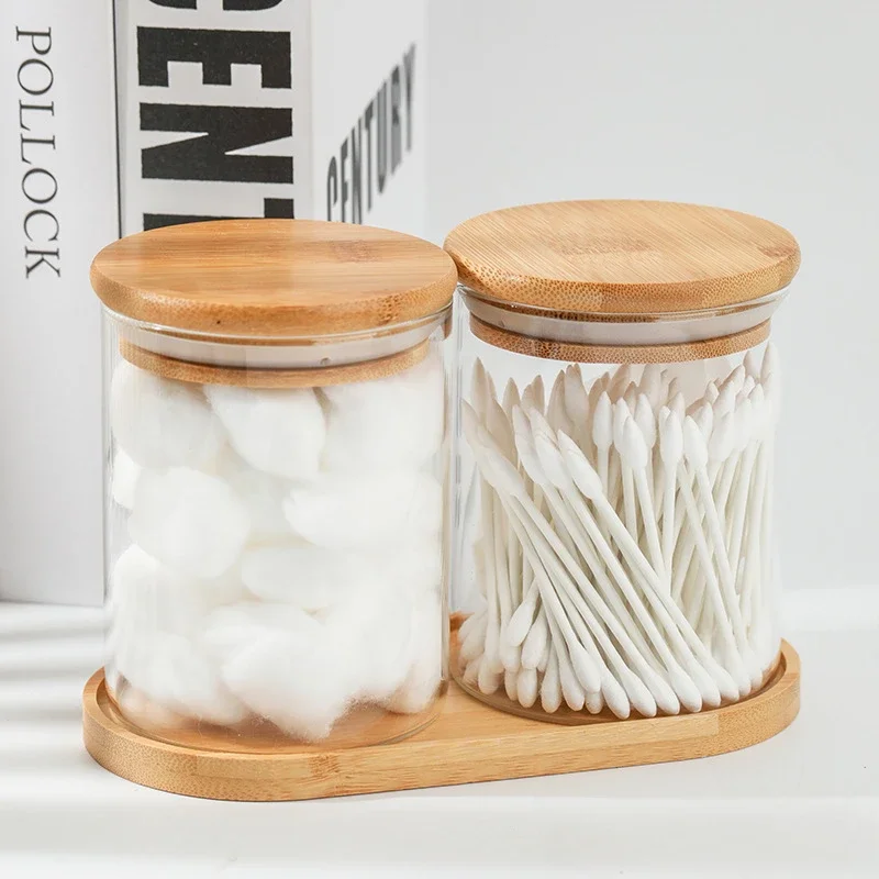 Modern Transparent Glass Jar Cotton Swab Box Bamboo Lid Sealed Seasoning Jar Multigrain Food Storage Container Kitchen Utensils