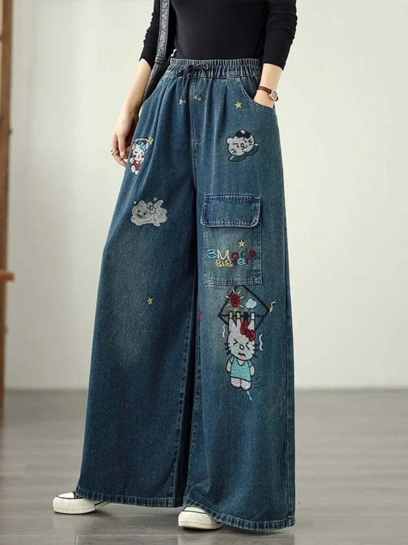 

Ретро винтажные джинсы с вышивкой из мультфильма для женщин летом 202, свободные и ленивые прямые широкие брюки W459