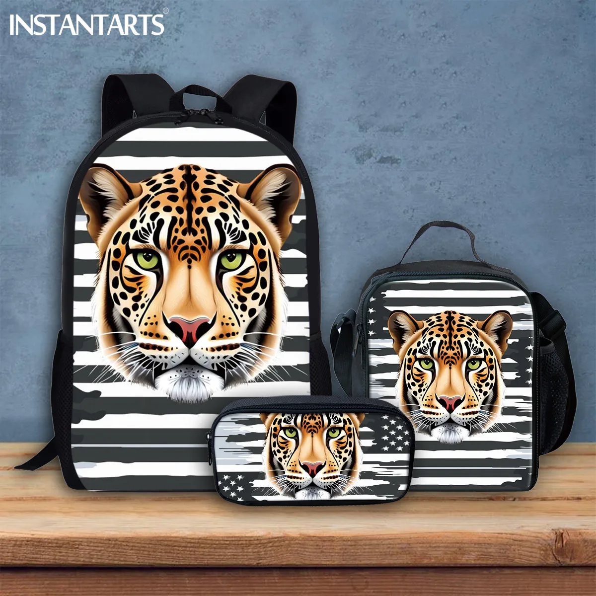 INSTANTARTS 2023 Large-Capacity School Bag Set for Student Boys Cool Lion Cartoon Design 3Pcs/Set Backpack for Junior High 2023