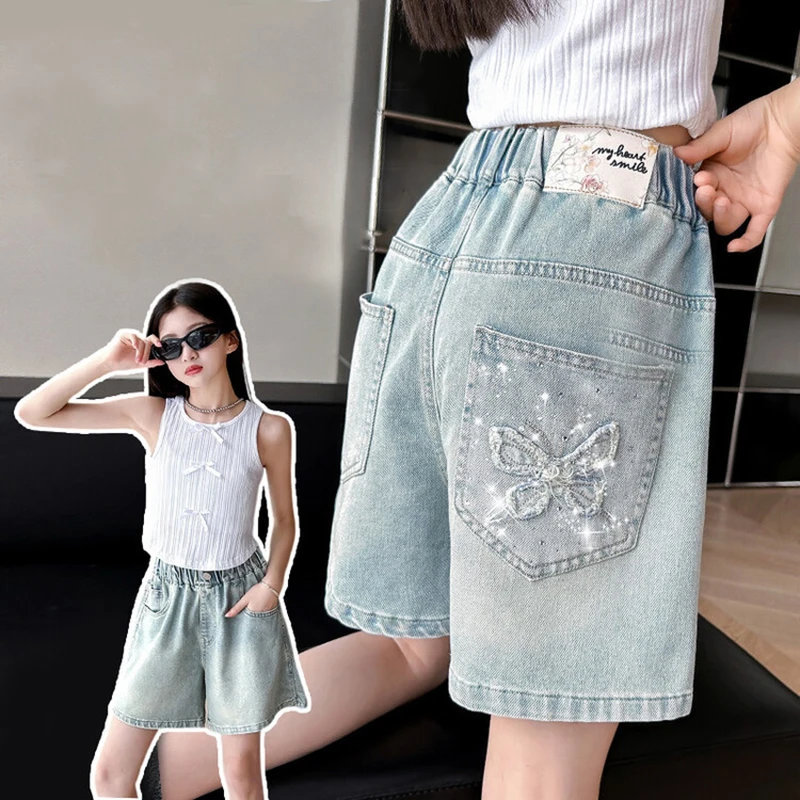 2026 Summer Big Girls Butterfly Embroidery Denim Shorts Teen Elastic High Waist Loose Wide Leg Jean Shorts Kids Street Casual Pa