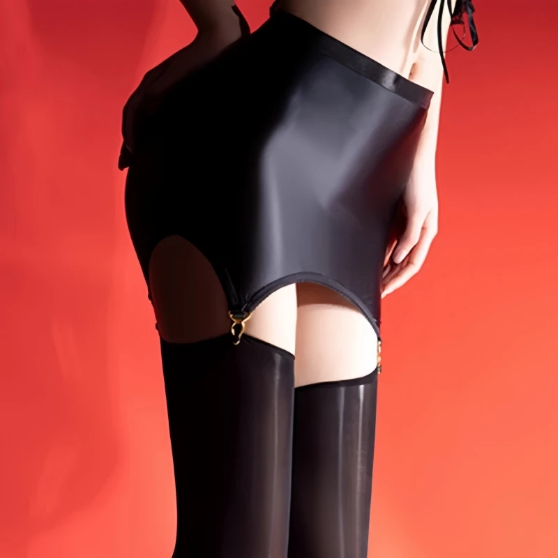 

2PCS/SET Women Sexy Stretchy High Waist Garter Belt With 8D Oil Shiny Thigh High Stockings Glossy Satin Bodycon Mini Skirt