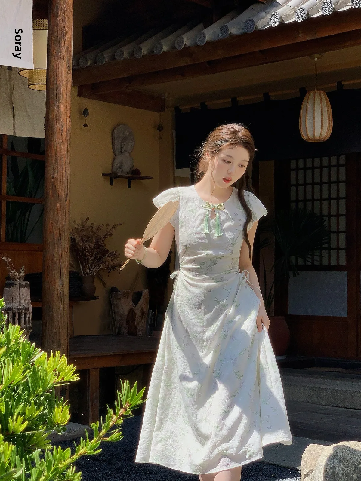 

Платье А-силуэта больших размеров из бамбукового волокна с китайским декором, модное, повседневное, с пуговицами, с завышенной талией, из полиэстера