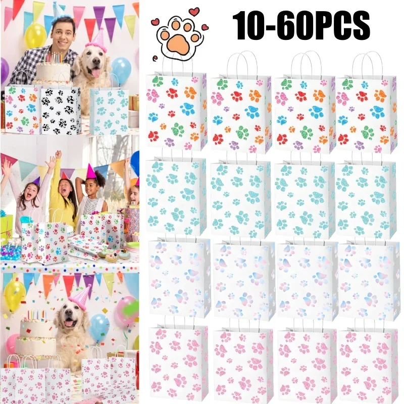 

10-60PCS New Animal Paw Print Cartoon Gift Shopping White Card Paper Bag Clothing Gift Bag Eco-Friendly Kraft Paper Handbag