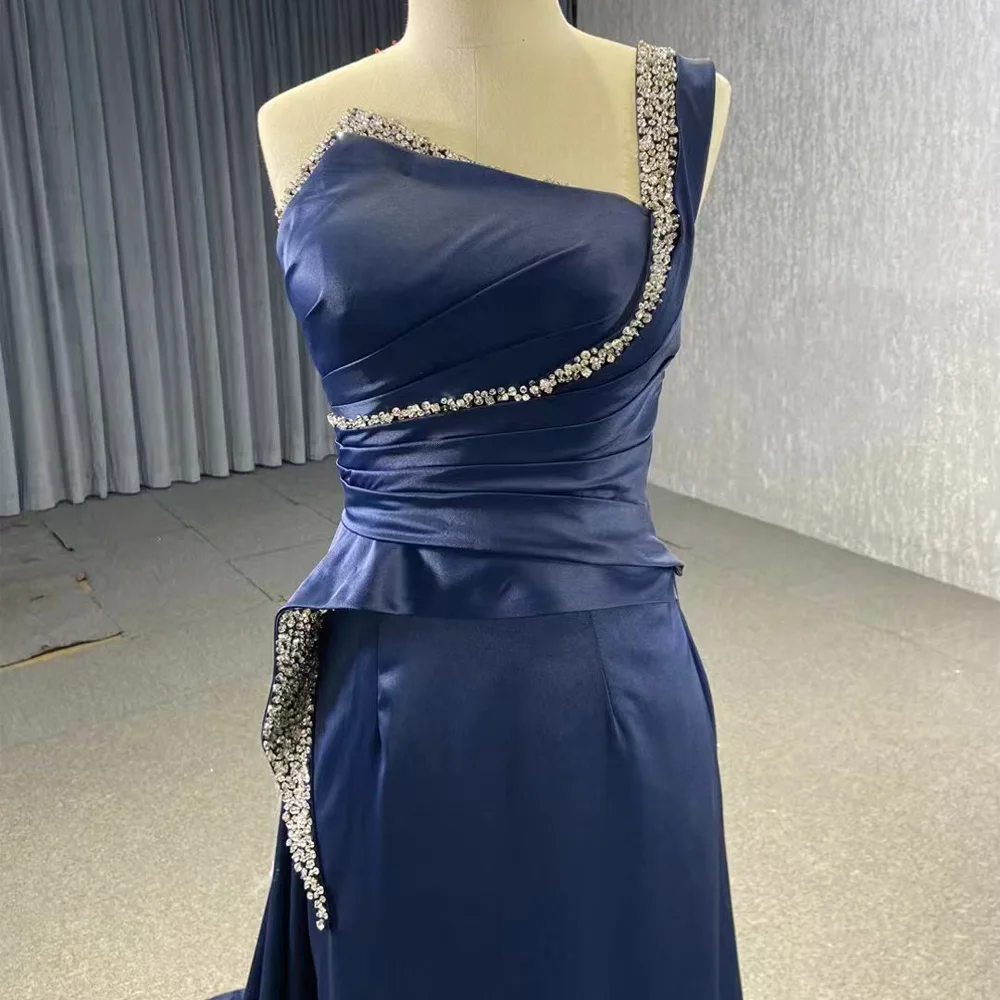 Navy Blue One Shoulder Crystal Ruched Sheath Strapless Mermaid Evening Dress Lace Up Back Design For Special Occasions view 3