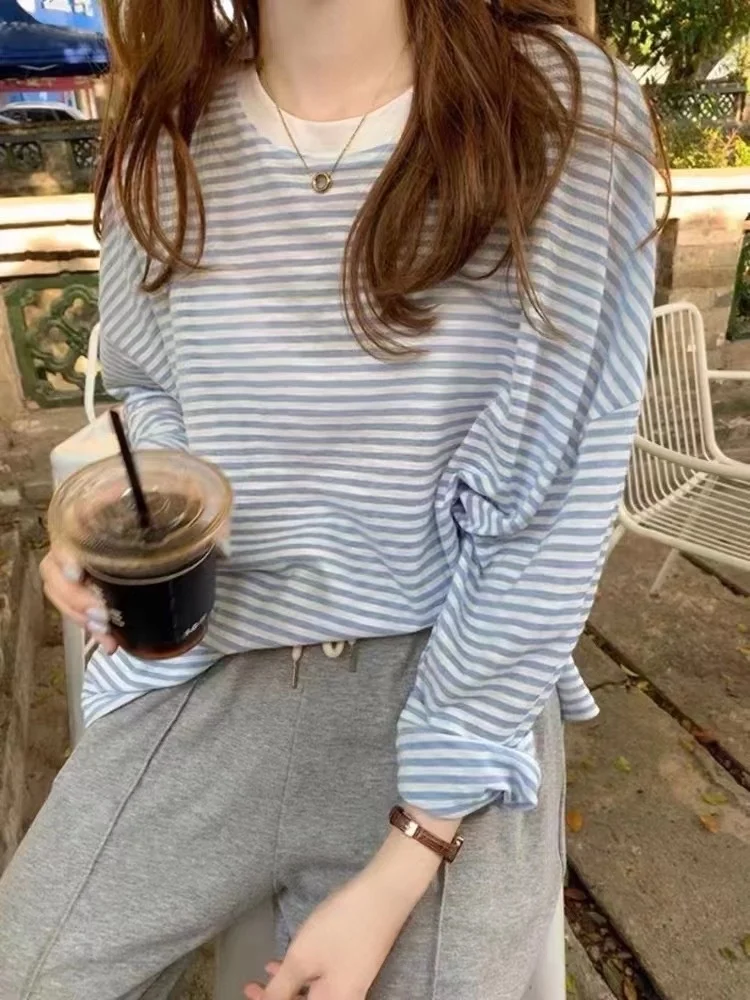 

Summer New Korean Style Casual Loose Slimming Skin-friendly Breathable Long Sleeve T-shirt Fashionable All-match Striped Top