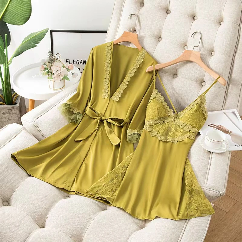 

Twinset Robe Suit With Strap Nightgown Female Sleepwear Lingerie Lace Patchwork Kimono Bathrobe Set Summer Perspective Nightwear