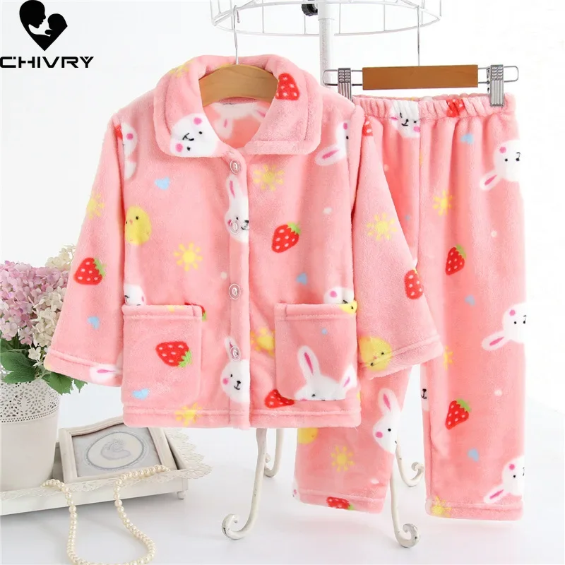 New 2023 Kids Flannel Pajama Sets Autumn Winter Boys Girls Warm Cartoon Long Sleeve Lapel Tops with Pants Sleeping Clothing Set