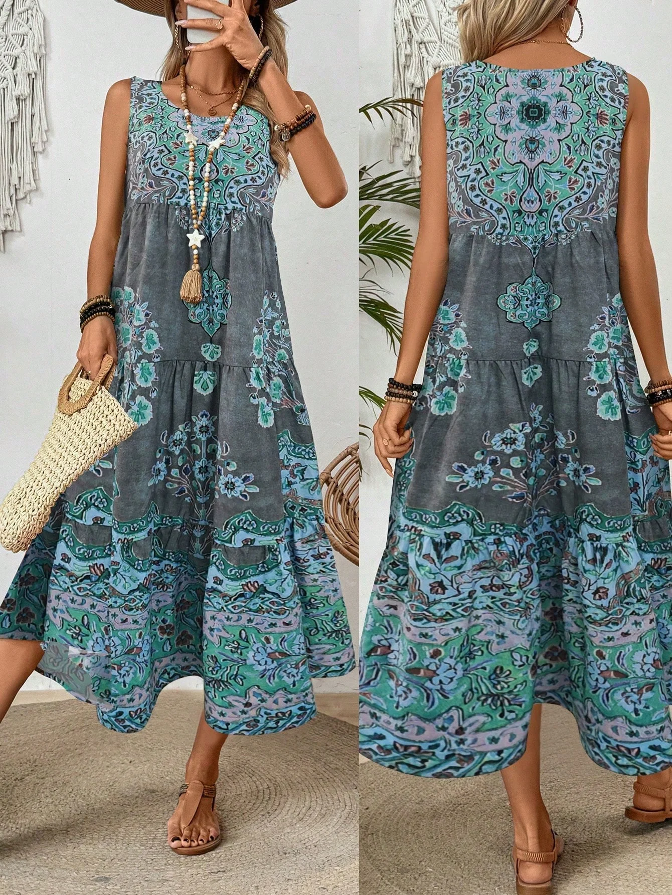 2025 New Women's print Crew-neck Loose sleeveless dress - Comfortable and breathable resort style beach casual