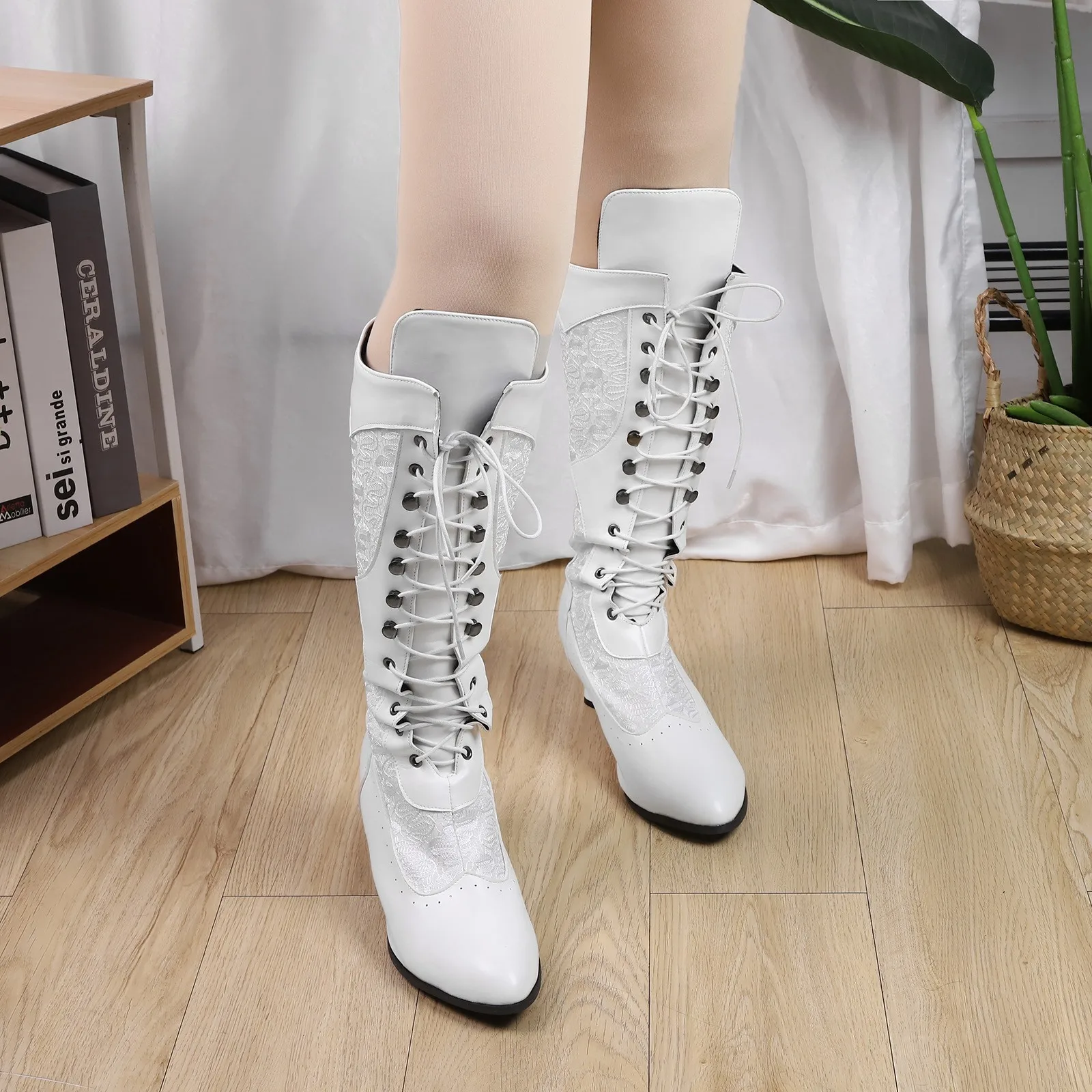 Women\'s Boots Fashion White Lace Patchwork Lace Up Knee High Boots Side Zip Pointed Toe Low Heeled Winter Autumn Modern Boots