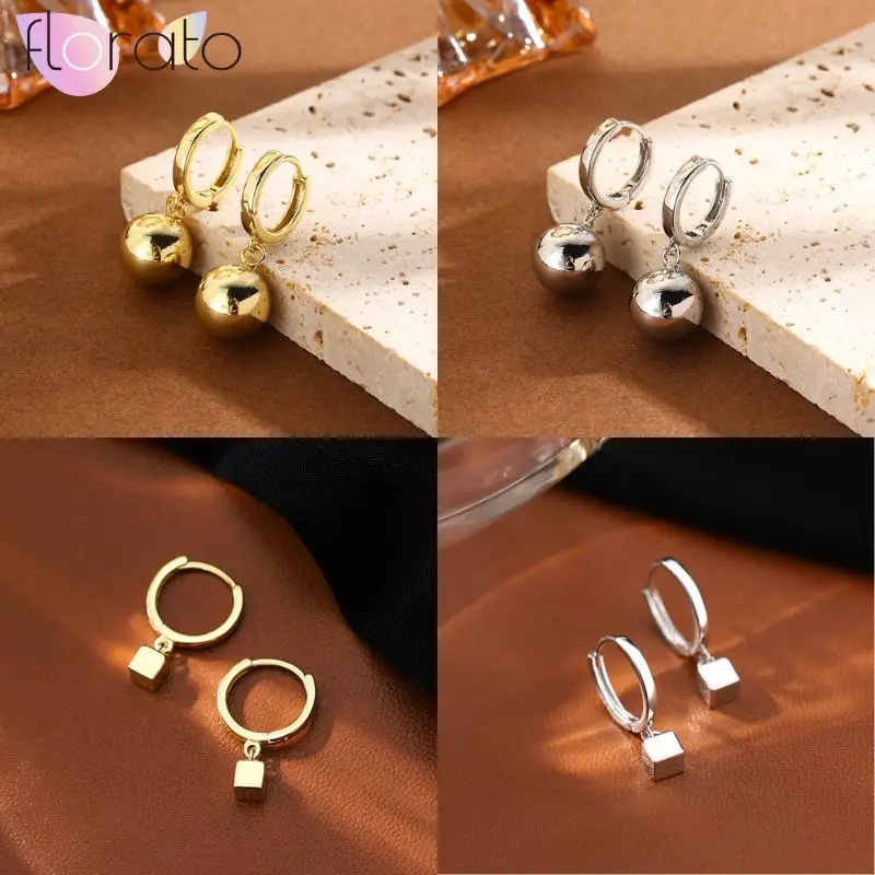 

925 Sterling Silver Needle Simple Versatile Cold Style Square/ball Pendant Earrings Women's Fashion Casual Jewelry Accessories