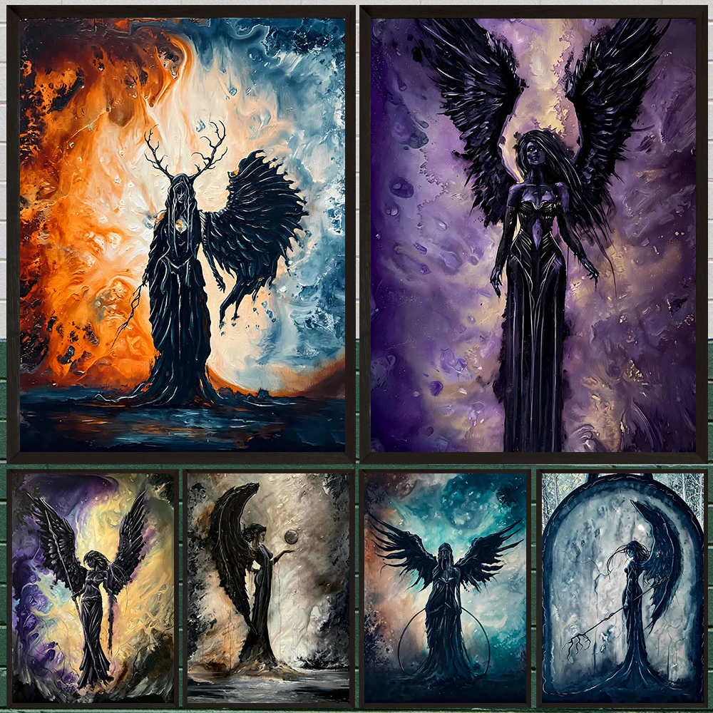 Dark Fallen Angel Canvas Wall Art, Impasto Oil Painting Style Black Wing Demon Poster, Gothic Mystic Fantasy Print Picture Decor