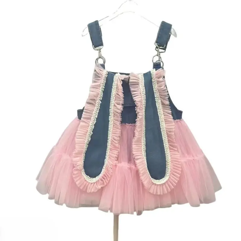 

Women Denim Shoulder Strap Skirt Sweet Fluffy Gauze Skirt Mesh Splicing Ruffles Overalls Dress Long Rabbit Ears A-Line Skirt