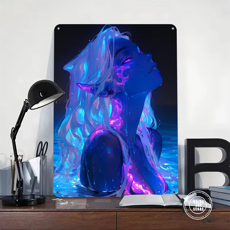 Neon Water Spirit Anime Girl Metal Poster Custom Wall Art Retro Vintage Tinplate Signs for Man Cave Office Decor House Home Desk
