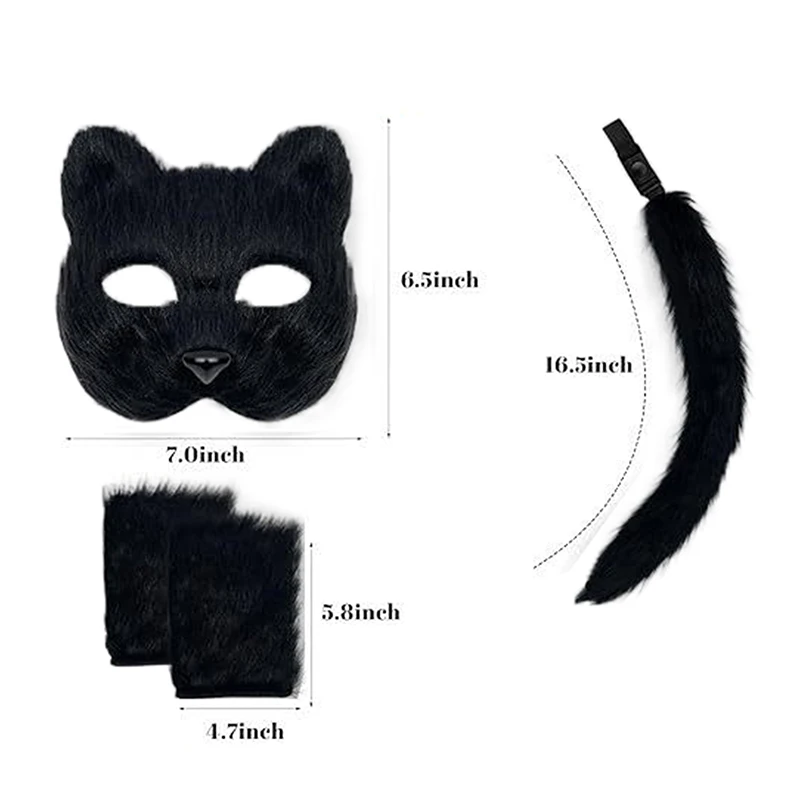 4PCS Faux Fur Cat Ears Hair Clip Furry Wolf Fox Long Tail Costume Halloween Party Neck Chocker Wolf Cosplay Set Mask Wolf Tail