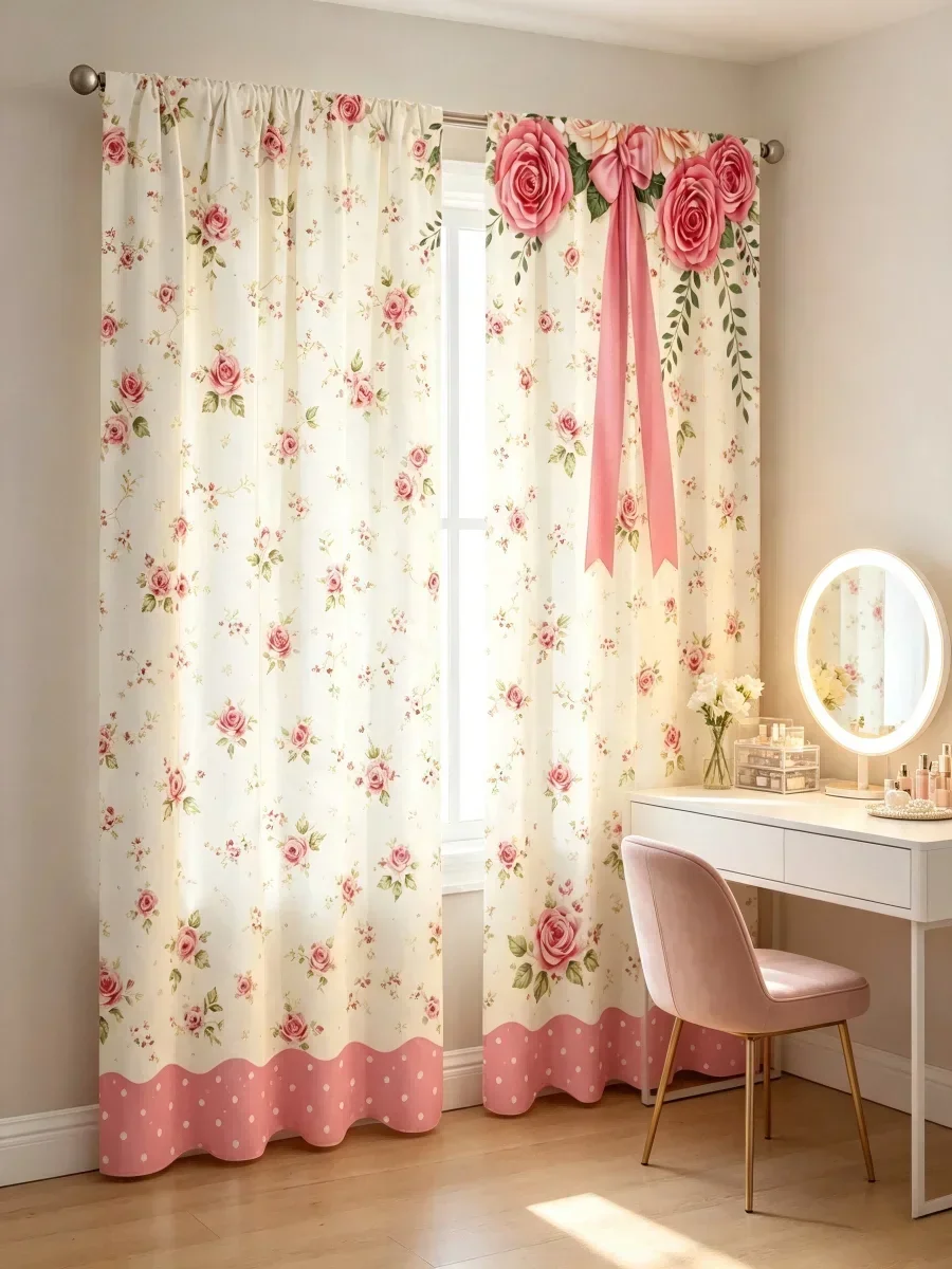 2PCS Pink Rose Bow Print Curtains, Shabby Chic Romantic Style with Polka Dot Trim, Rod Pocket Drapes for Bedroom Decor