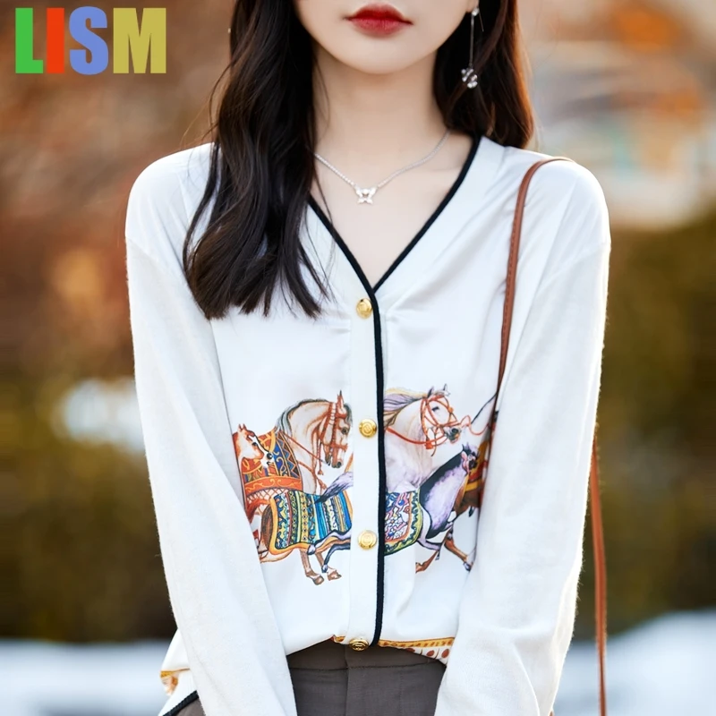 

LISM Wool Coat Jacket Women's Printed Stitching Sweater Thin Cardigan women's winter clothes y2k hoodies sweatshirt 2025