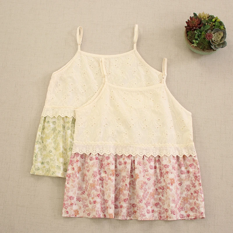 

Japanese Sweet Mori Girl Lace Embroidery Floral Print Patchwork Camis Women Summer Sleeveless Loose Tanks Cotton Tops Tees