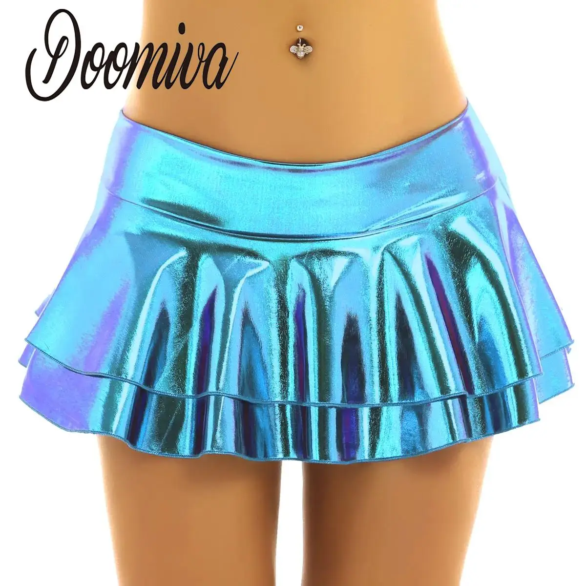 Women's Shiny Metallic Ruffle Mini Skirts Layered Rave Dance Skirt with Built-in Thongs for Dancing Party Nightclub Clubwear