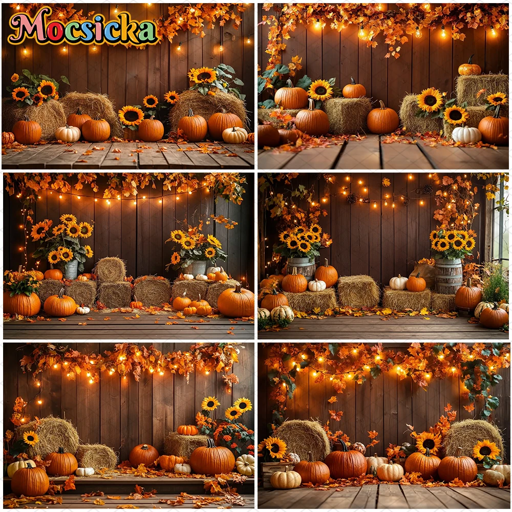 

Mocsicka Autumn Wood Wall Backdrop Banner Yellow Leaves Straw Pumpkin Sunflower Party Decor Bumper Harvest Fall Photo Background